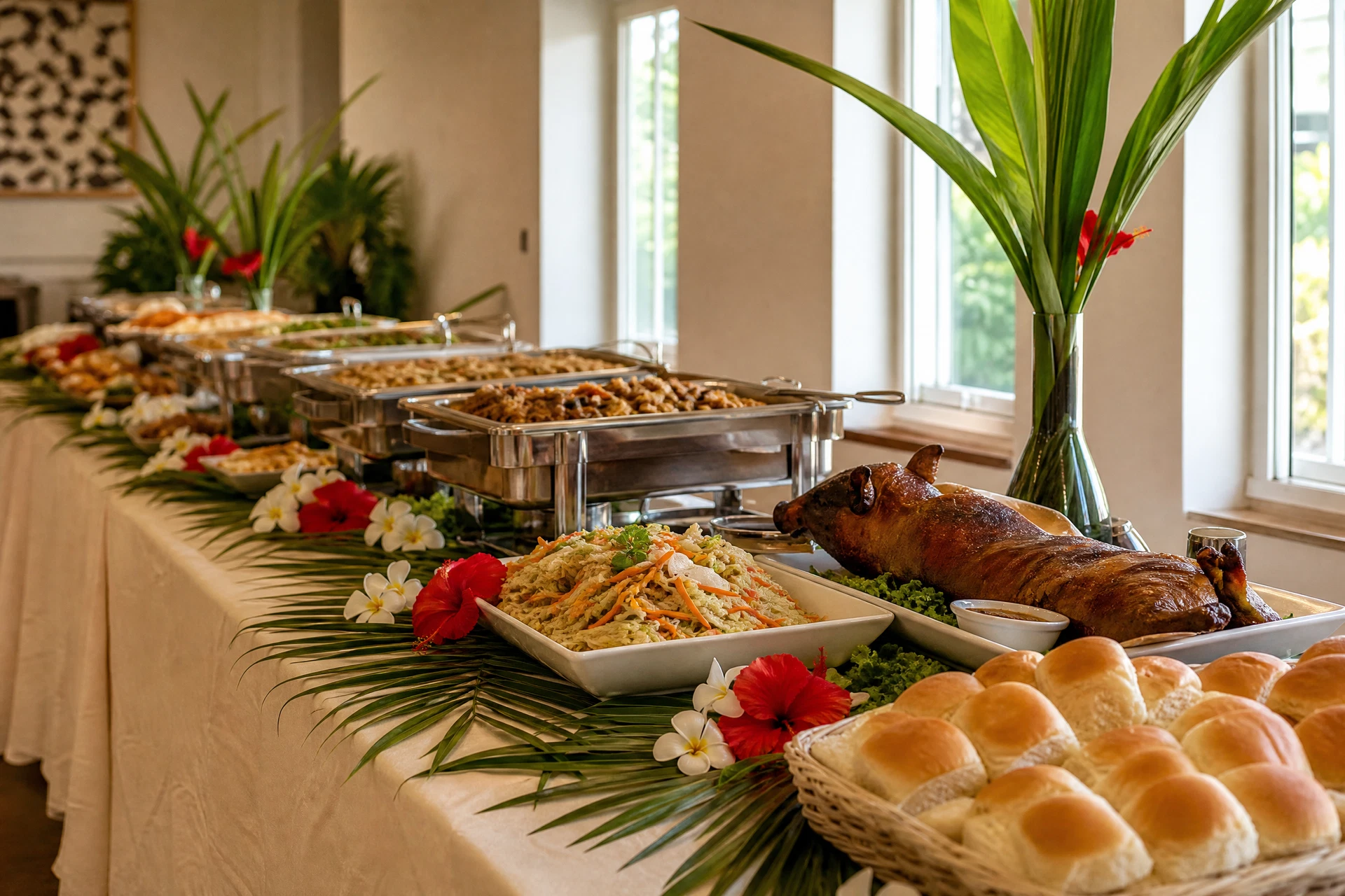 A long catering table set with island dishes and palm fronds