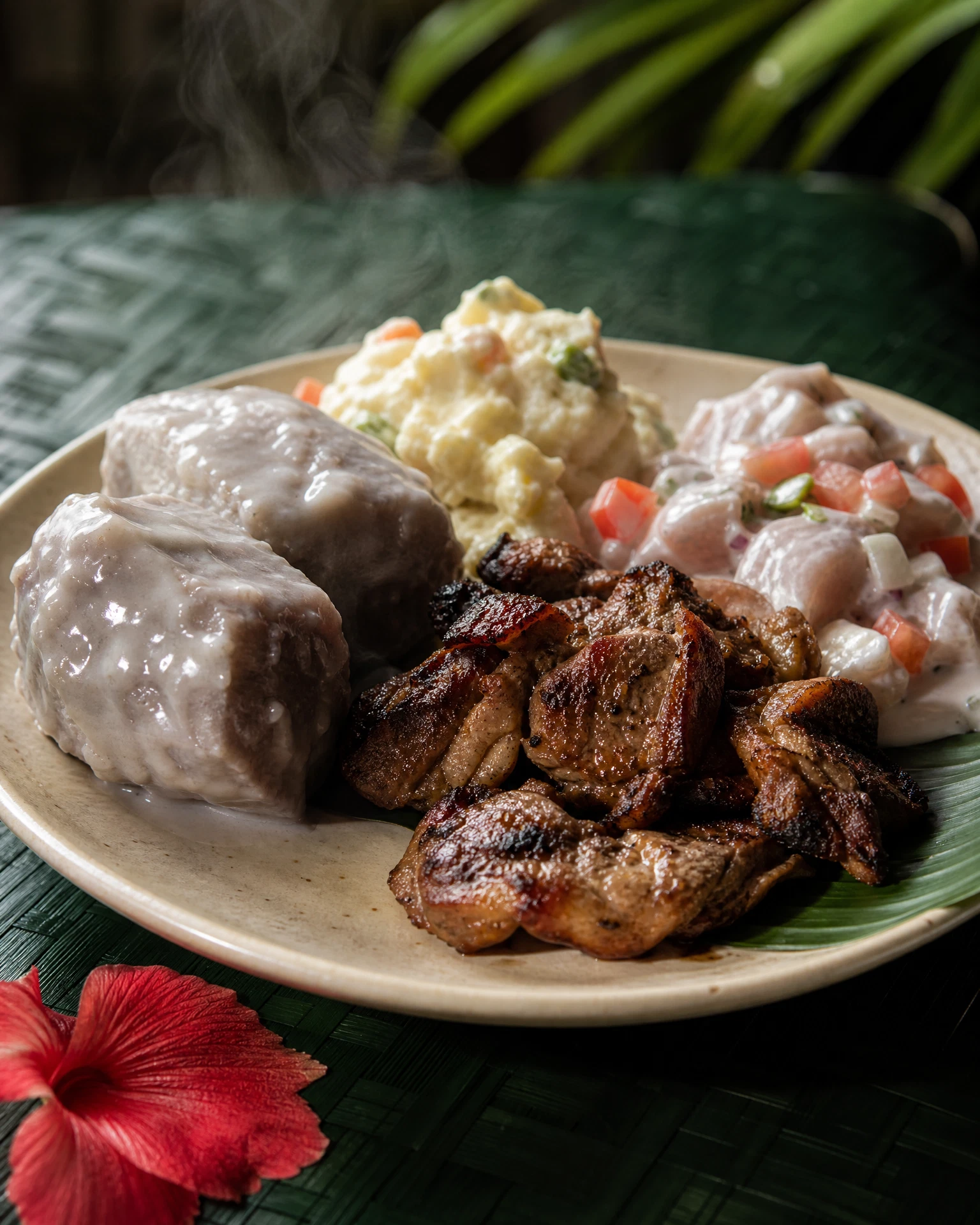 A takeaway plate of taro, marinated lamb, potato salad and oka
